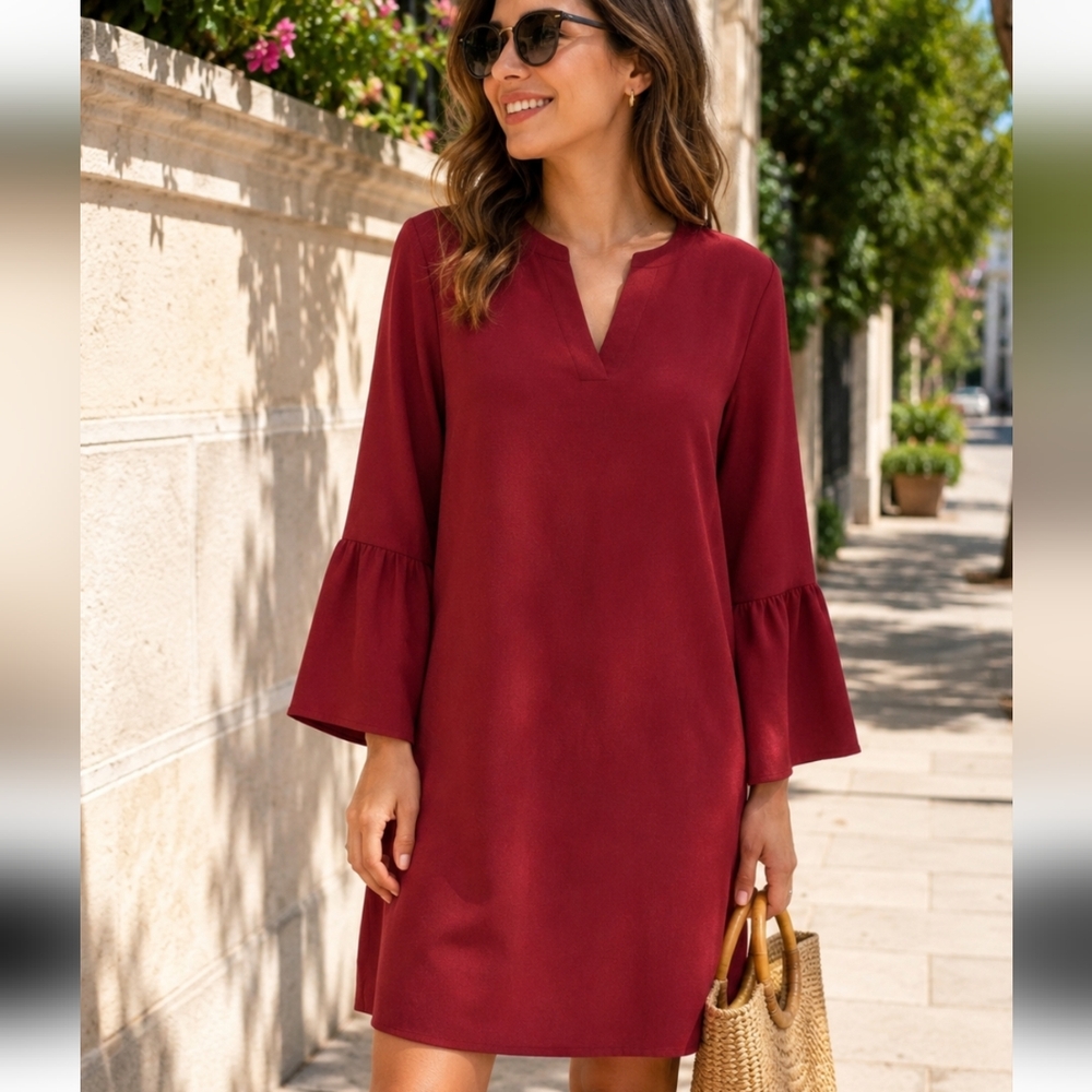 J.Crew Mini Dress Bell Sleeve Shift Burdeos Sz 10 preowed Vneck